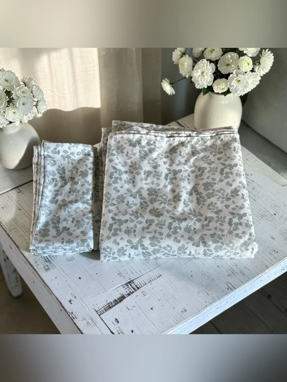 3 Pc Reaction Kenneth Cole Flat Sheet & 2 Pillowcase Set King Sage Green Leaves